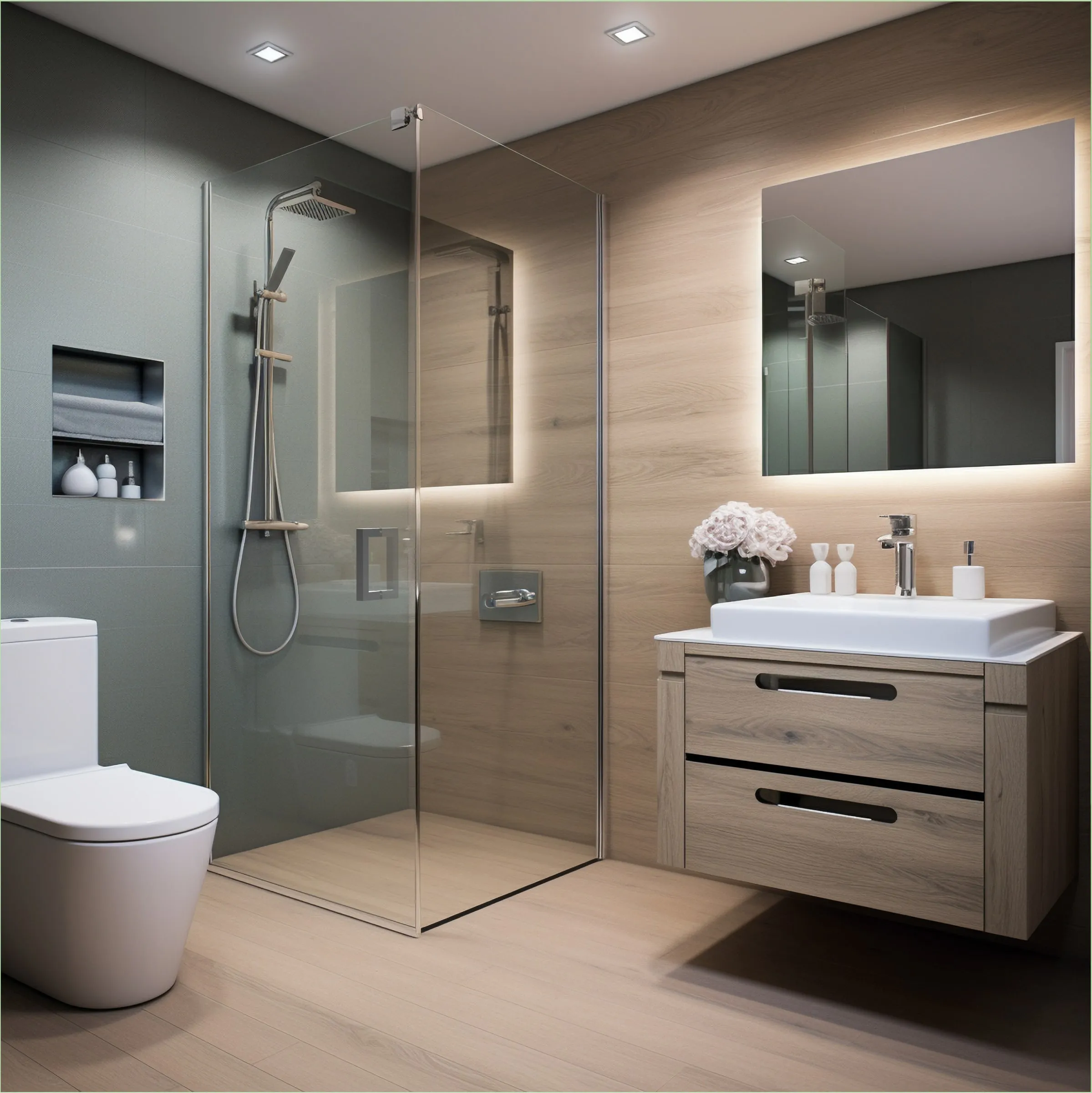 Contemporary bathroom with a frameless glass shower enclosure and stainless fittings