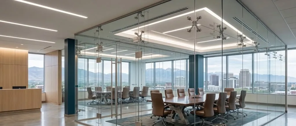 Frameless glass conference room with stainless spider fittings overlooking the mountains