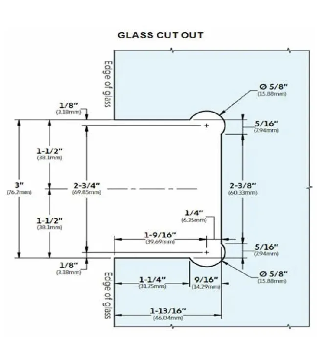 Hinge Glass Cut-Out — dimensioned drawing