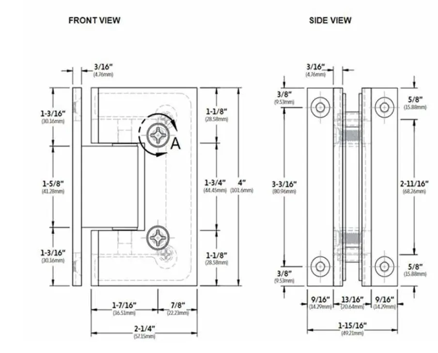 Hinge — Front & Side Views — dimensioned drawing