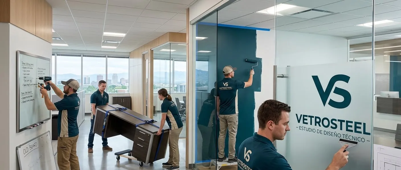 Maintenance crew painting, moving furniture and applying frosted vinyl in an office