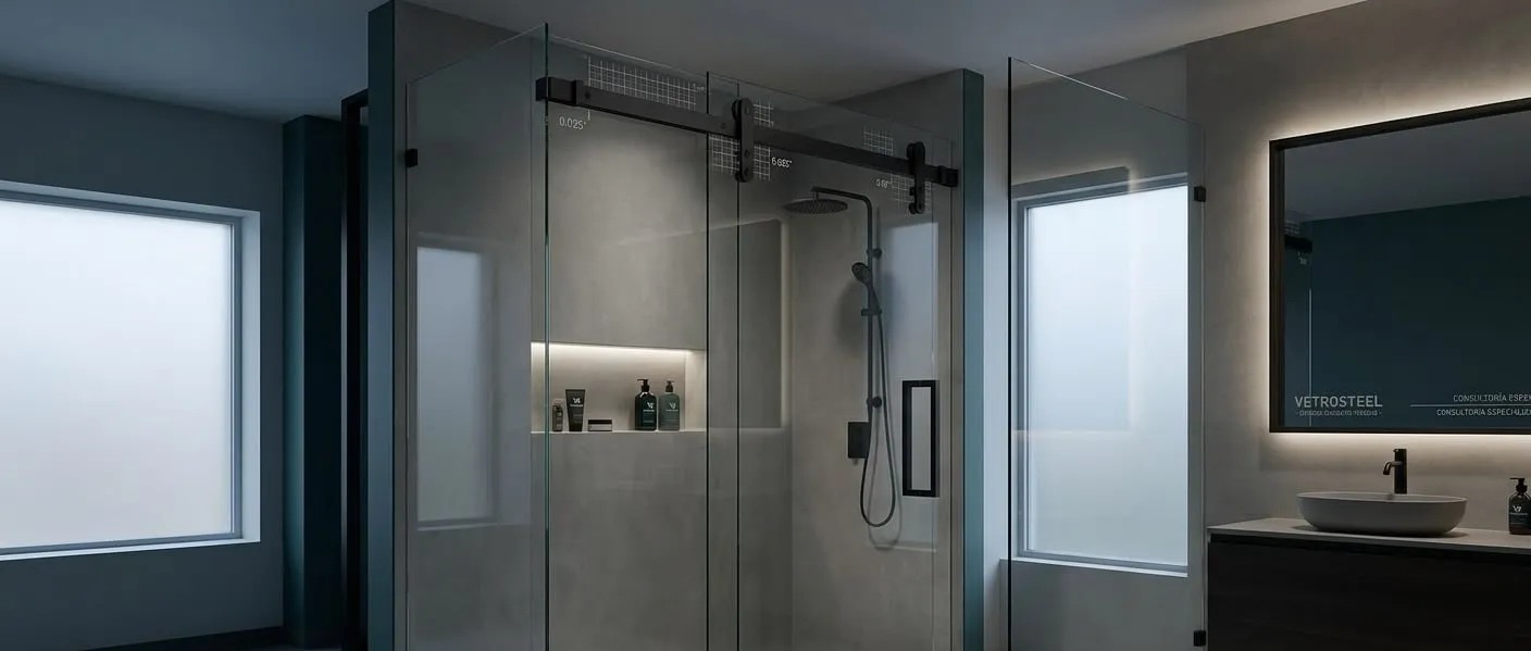 Frameless glass shower enclosure with a matte black sliding track